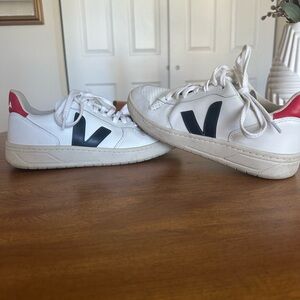 Veja White and Black Sneakers with Red Accents